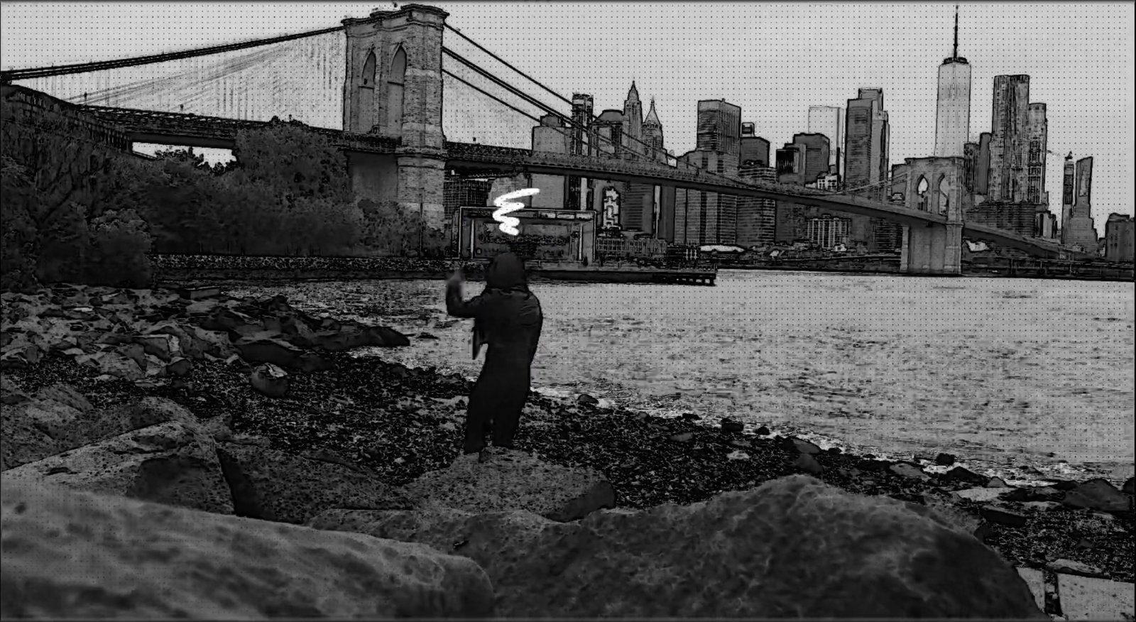 A lone figure on the Brooklyn waterfront at dawn, Brooklyn Bridge and Manhattan skyline behind, with a hand-drawn animated overlay